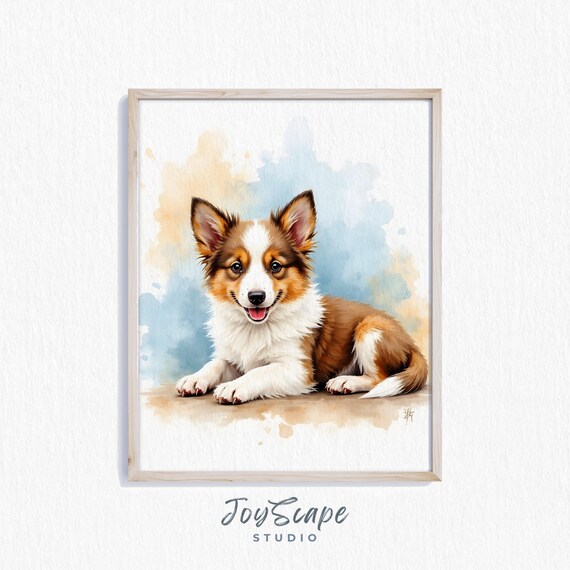 Happy Shetland Sheepdog Puppy Watercolor Pet Portrait Art Poster