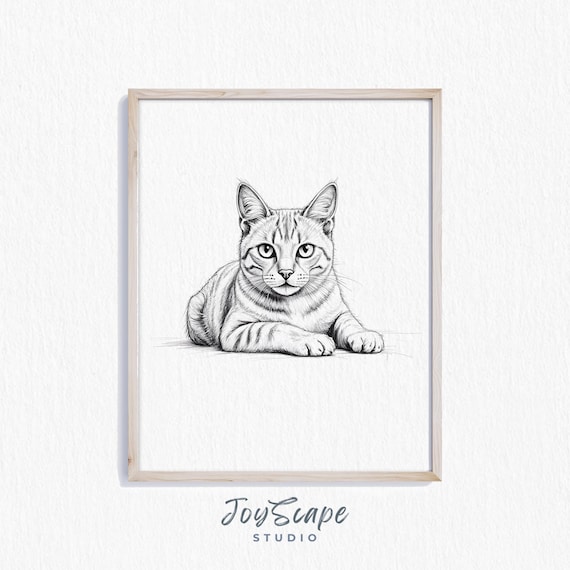 Striped Cat Pencil Sketch Black and White Detailed Feline Art Poster