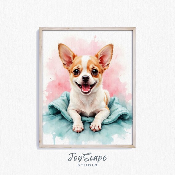 Chihuahua Puppy Adorable Pet Portrait Wall Art Watercolor Cute Dog Illustration Nursery Decor Print