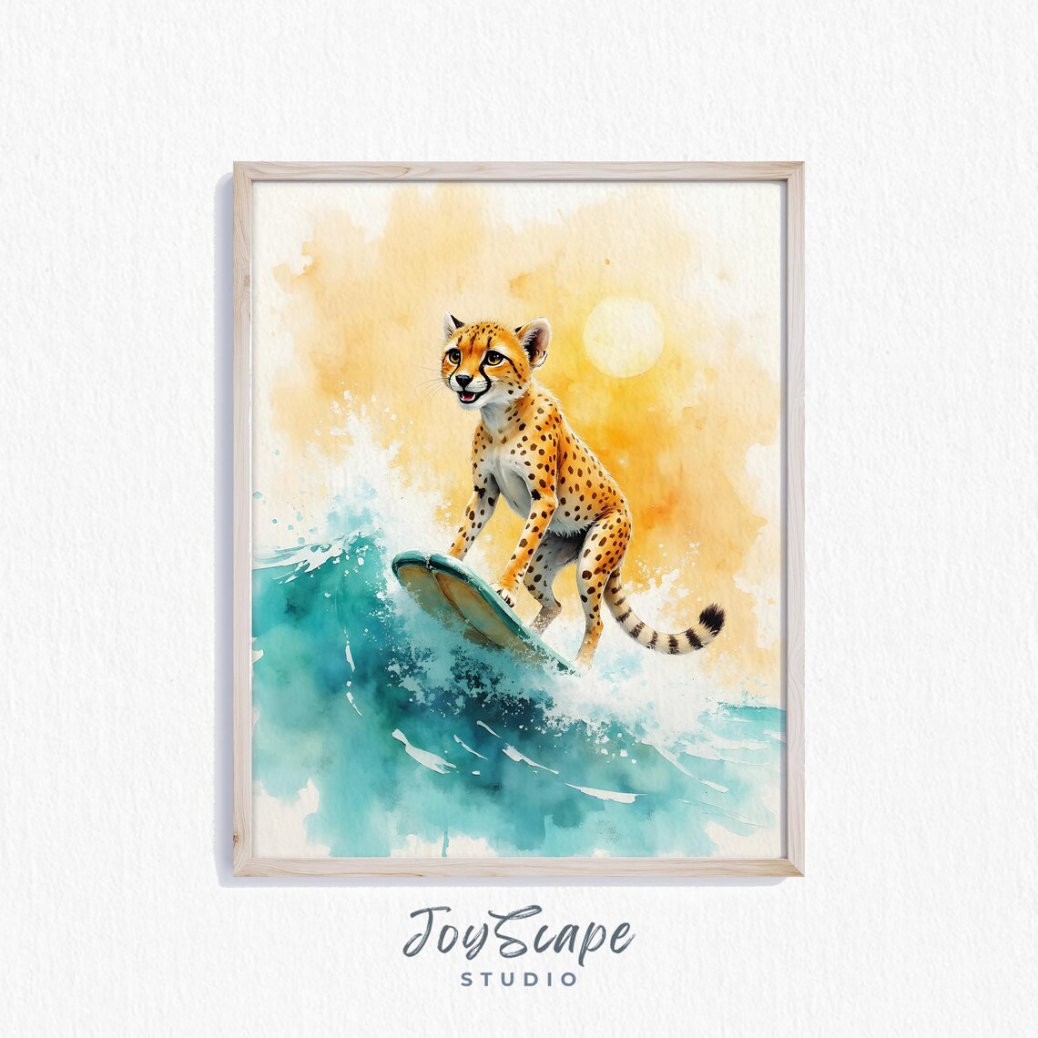 Playful Cheetah Riding Surfboard On Wave Sunset Watercolor Art Poster