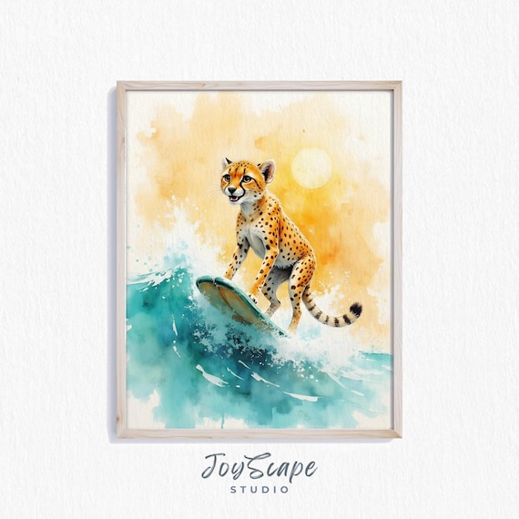 Playful Cheetah Riding Surfboard On Wave Sunset Watercolor Art Poster