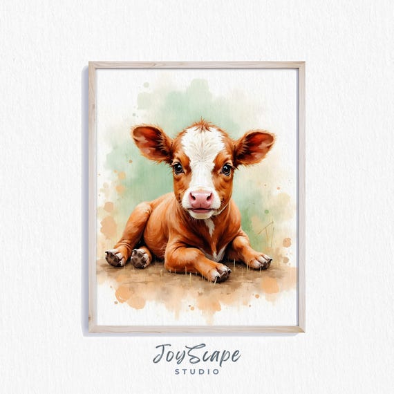 Hereford Calf Wall Art Rustic Farmhouse Decor Charming Baby Cow Painting Nursery Animal Print
