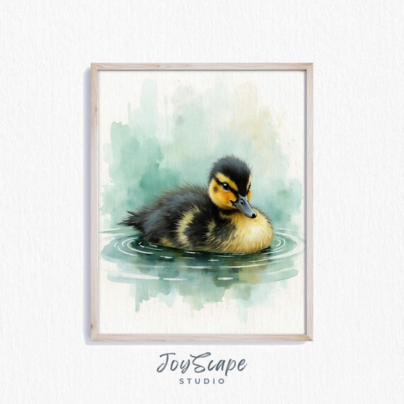Cayuga Duckling Watercolor Black Iridescent Baby Duck Swimming Poster