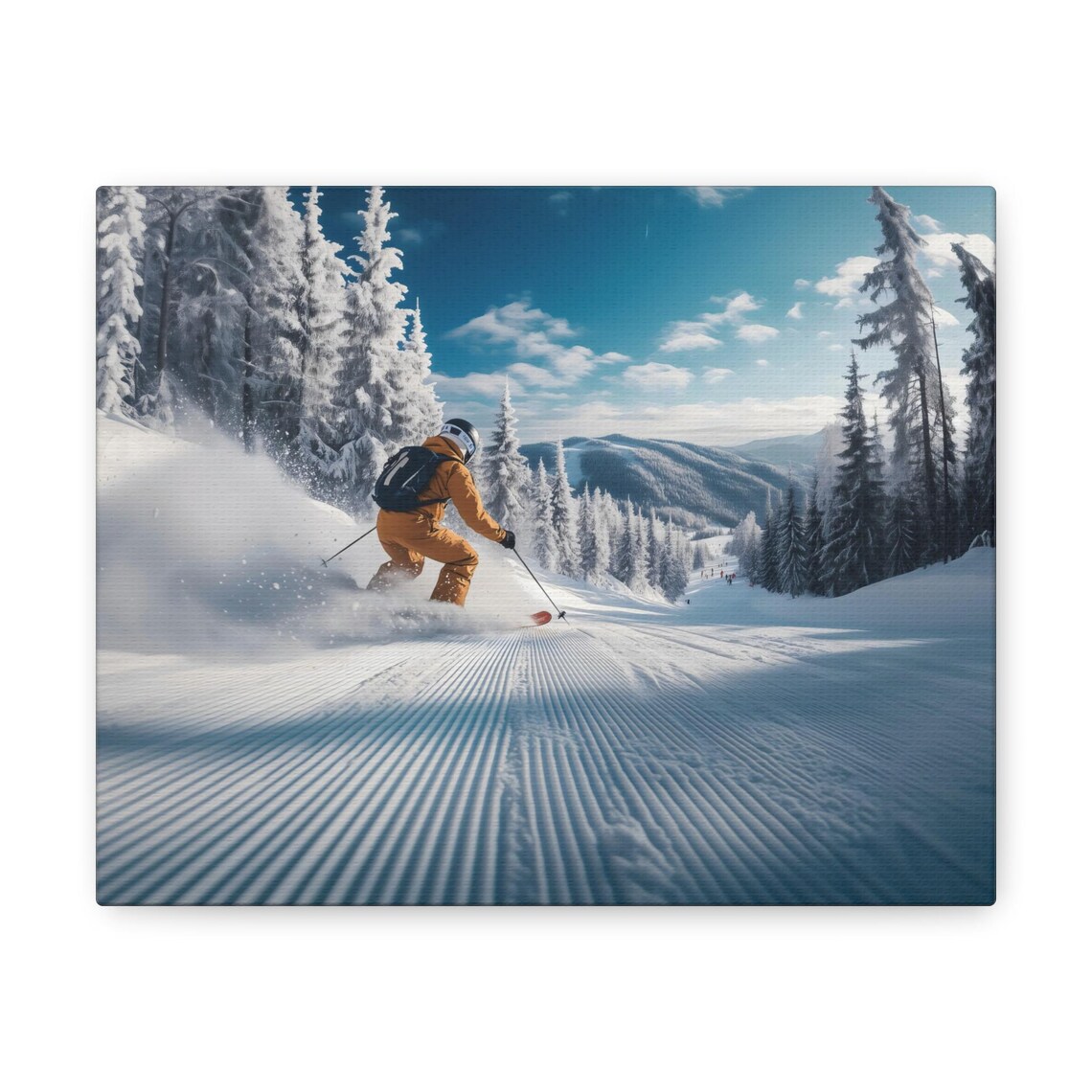 Powder Spray From Skier Racing Down Snowy Mountain Slope Blue Sky Poster - Image 3