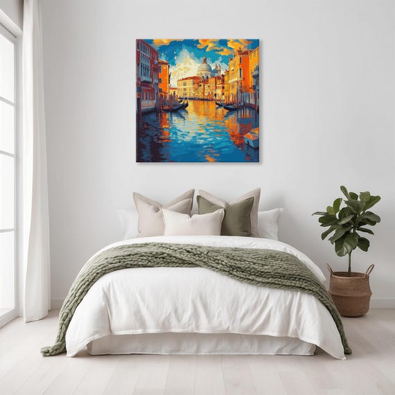 Boats In Venice Print River Landscape Modern Painting Fantasy Nature Rustic Bright Wall Print Airbnb Art Wall Decor