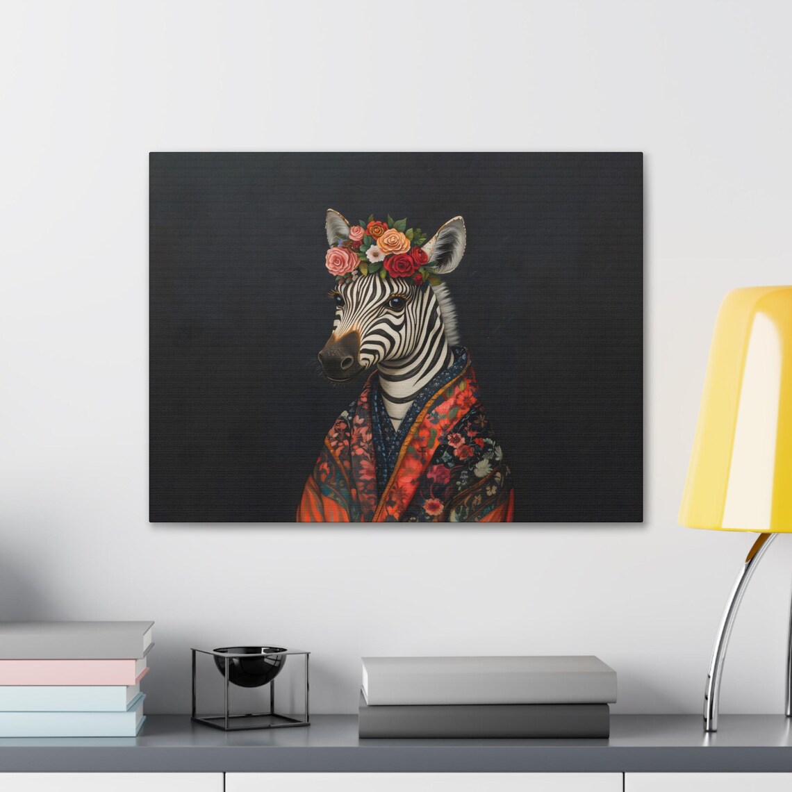 Zebra in Rose Crown and Red Floral Robe Chic Maximalist Animal Art Poster - Image 2