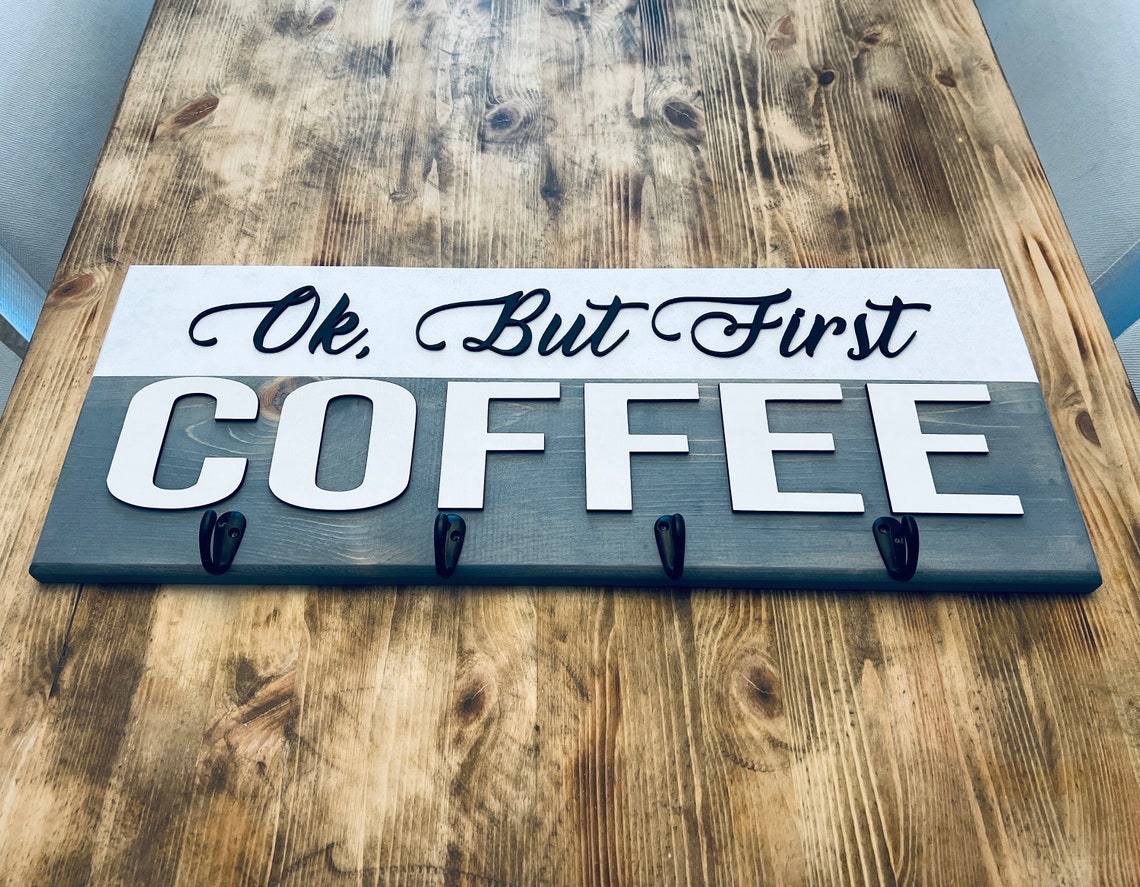 Coffee Mug Rack With Hooks Kitchen Wood Sign Coffee Bar Wall Art - Image 2