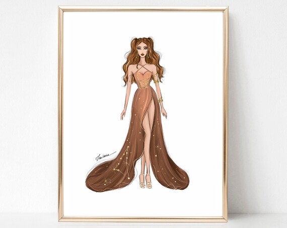 Golden Bronze Constellation Gown Fashion Illustration Poster