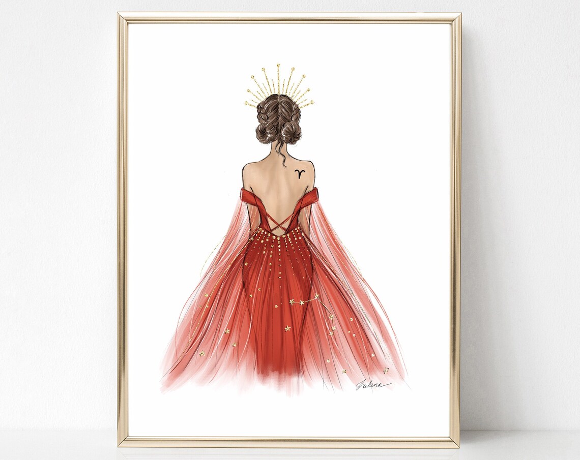 Aries Zodiac Woman Red Starry Gown Fashion Illustration Poster