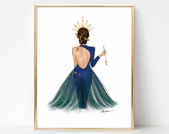 Sagittarius Zodiac Woman Blue Constellation Gown Fashion Poster