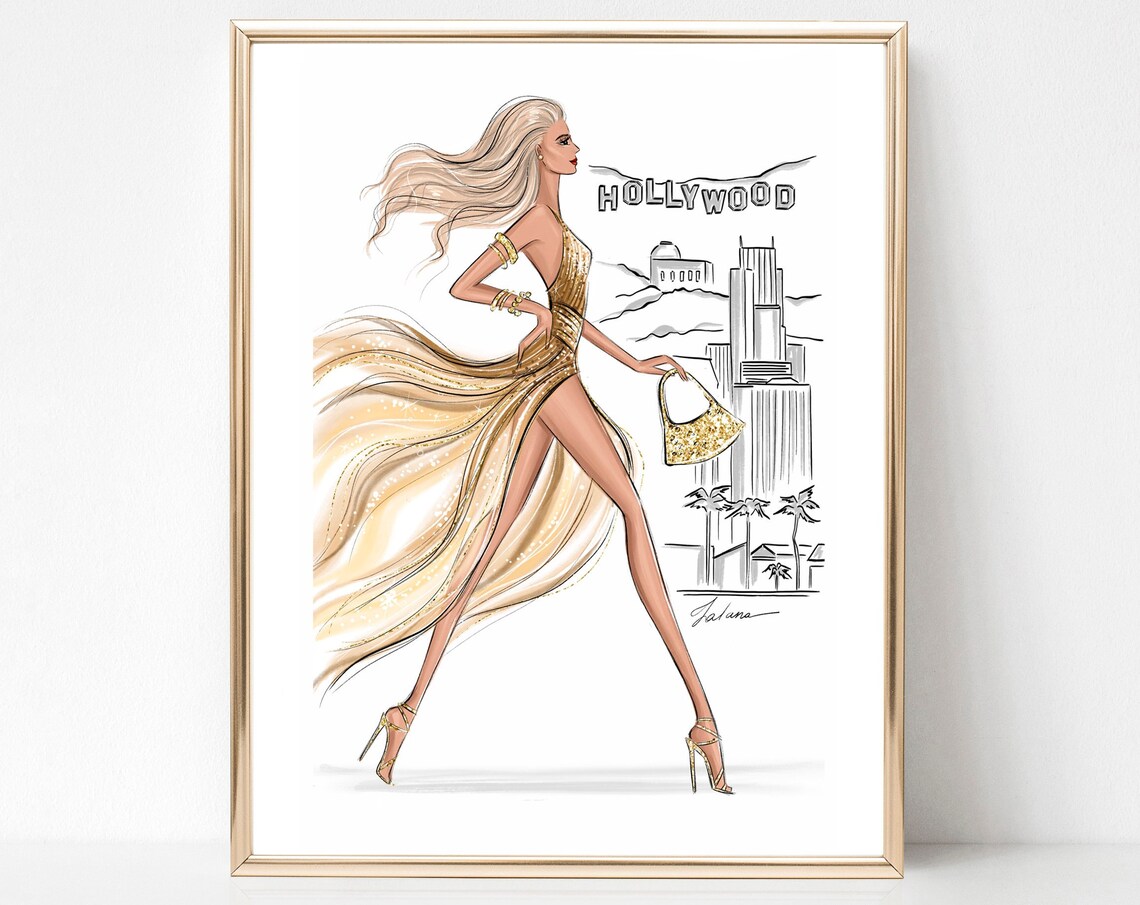 Hollywood Gold Gown Fashion Illustration with Sign Skyline Poster