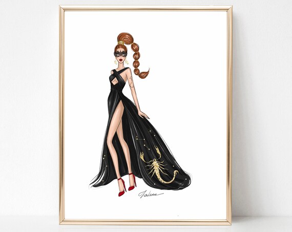 Scorpio Zodiac Woman Black Gown Gold Scorpion Masquerade Poster
