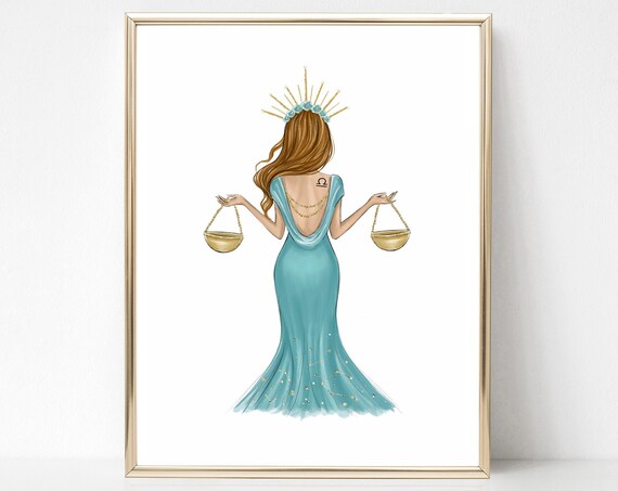 Libra Zodiac Woman Teal Scales Gown Fashion Illustration Poster