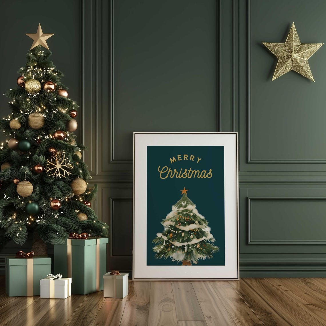 Elegant Gold Merry Christmas Script Teal Snowy Tree Holiday Poster - Image 3