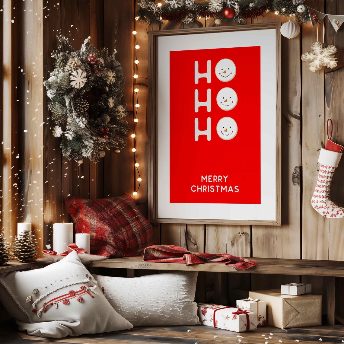 Jolly Cute White Ho Ho Ho Snowman Faces Bold Red Christmas Poster - Image 4