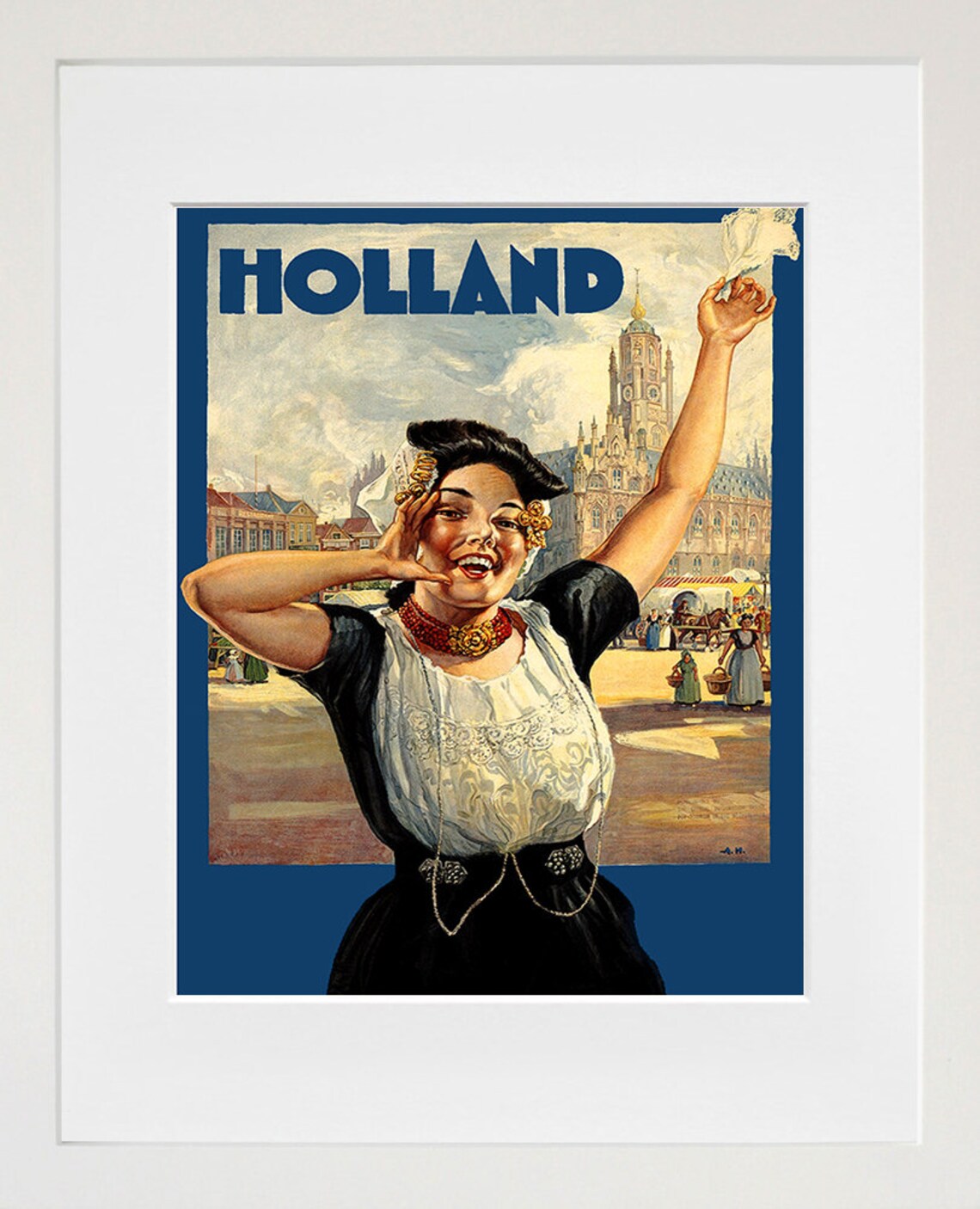 Holland Vintage Laughing Dutch Woman Traditional Dress Art Poster