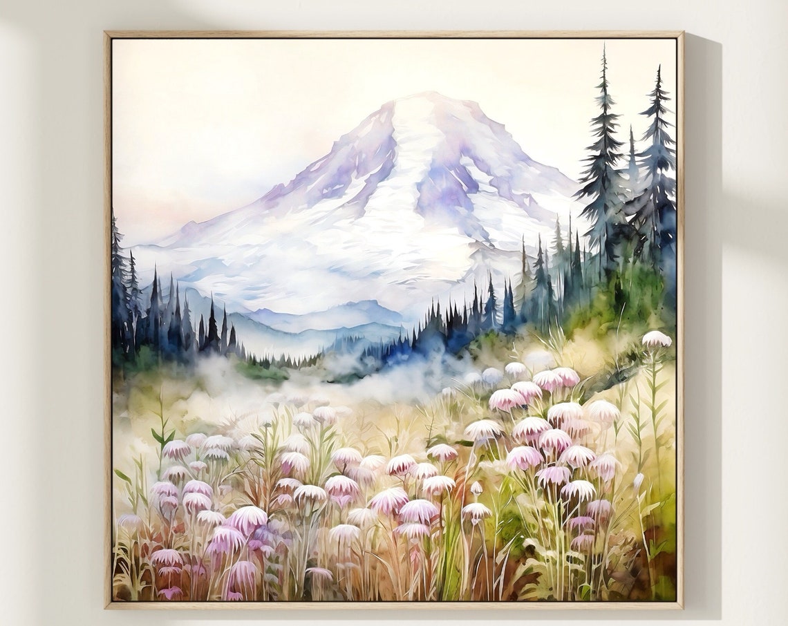 Mount Rainier Snow Peak Pink Wildflower Meadow Watercolor Poster