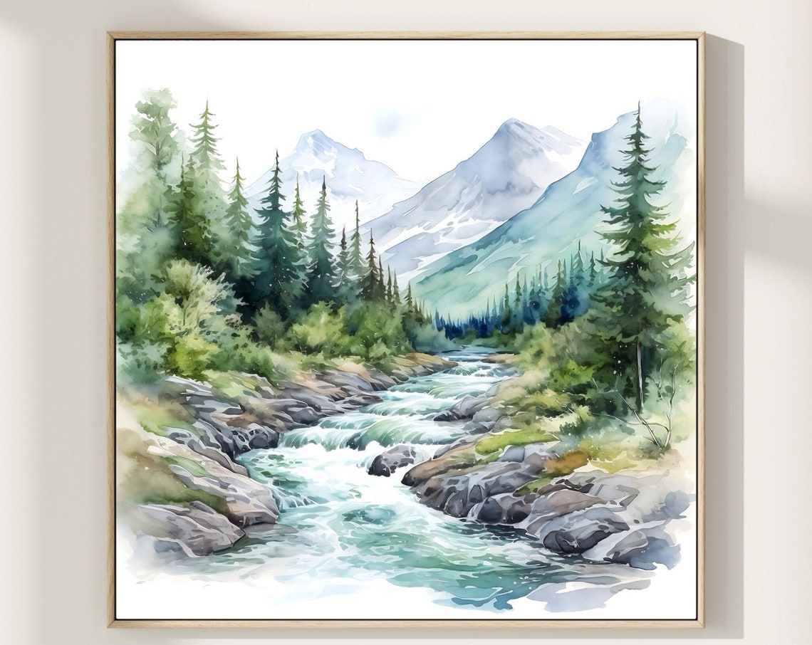 Mountain River Rapids Watercolor with Pines and Snowy Peaks Poster