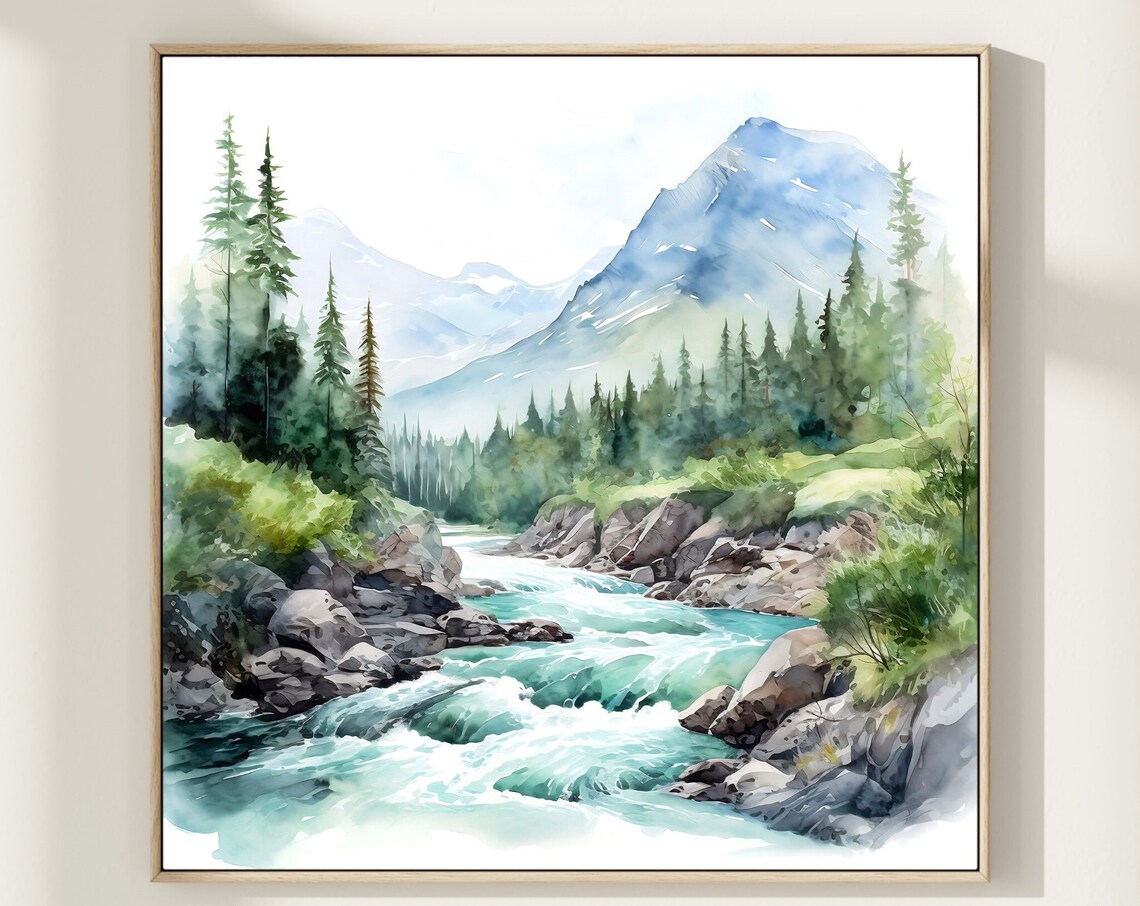 Turquoise Rapids Watercolor with Pine Forest and Blue Mountain Poster