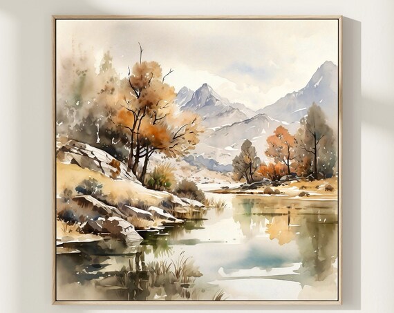 Autumn Lake Golden Trees Mountain Reflection Watercolor Art Print