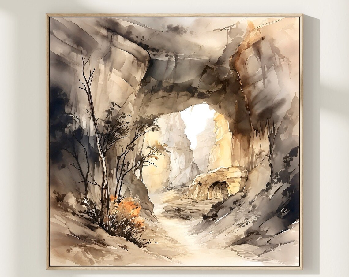 Sepia Desert Canyon Watercolor with Rock Arch and Bare Trees Poster