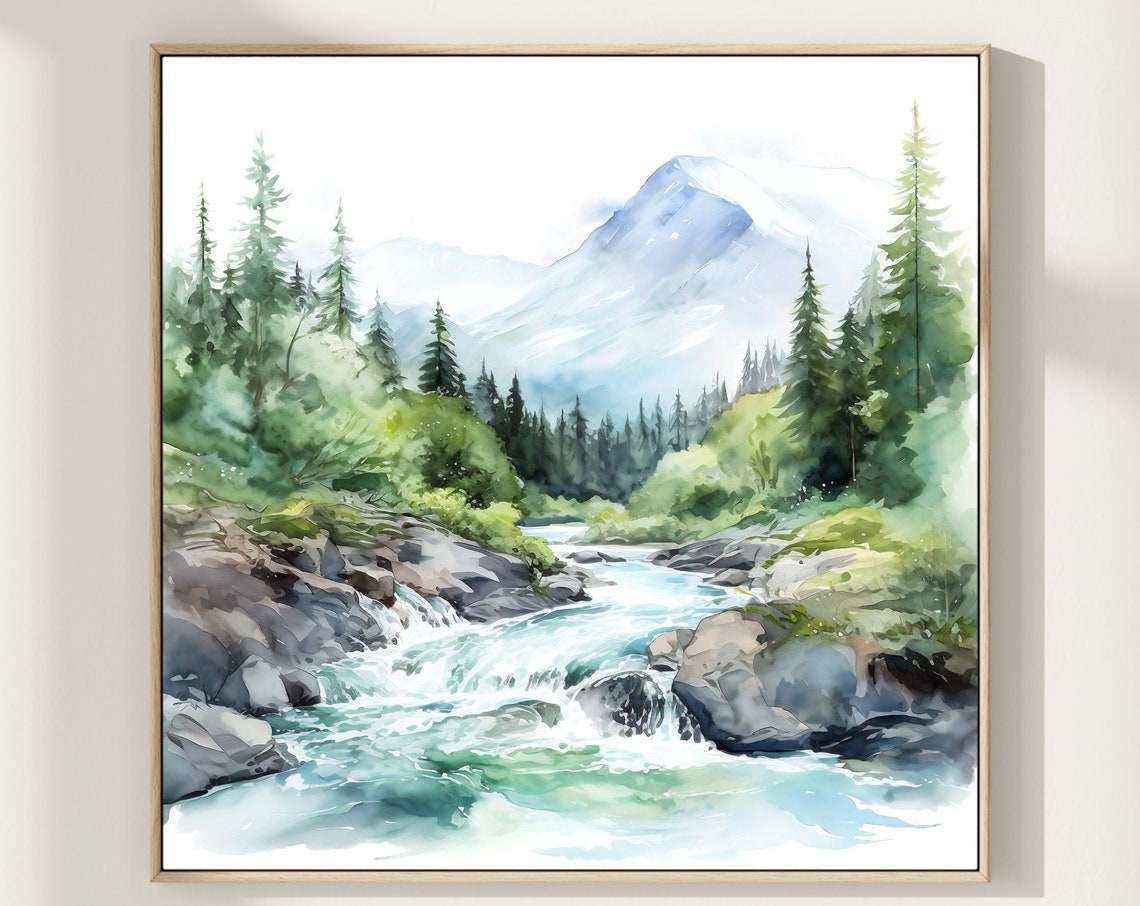 Rushing Mountain Stream Evergreen Forest Misty Peak Watercolor Poster