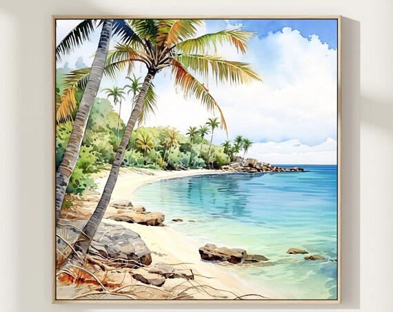 Tropical Beach Palm Trees Turquoise Sea Watercolor Travel Poster