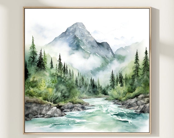 Misty Mountain Watercolor Painting Pine Tree Wall Art Panoramic Landscape Mountain River Prints Forest Art Print Blue Green Wall Decor