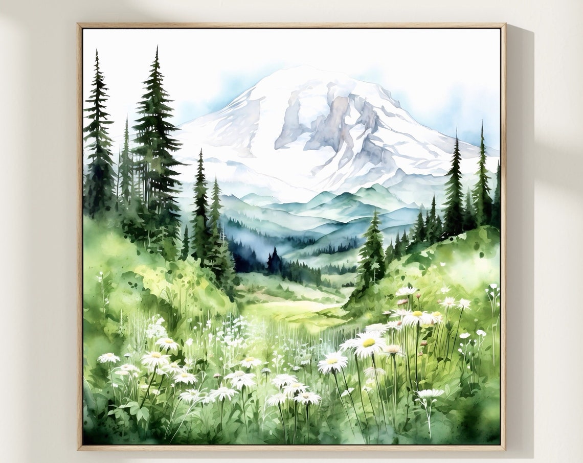 Mount Rainier Snowy Peak Daisy Meadow Evergreen Forest Poster