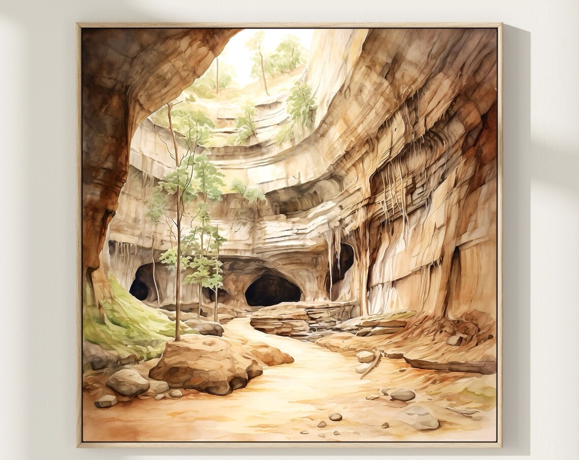 Mammoth Cave Sunlit Cavern Skylight Rock Walls Watercolor Poster