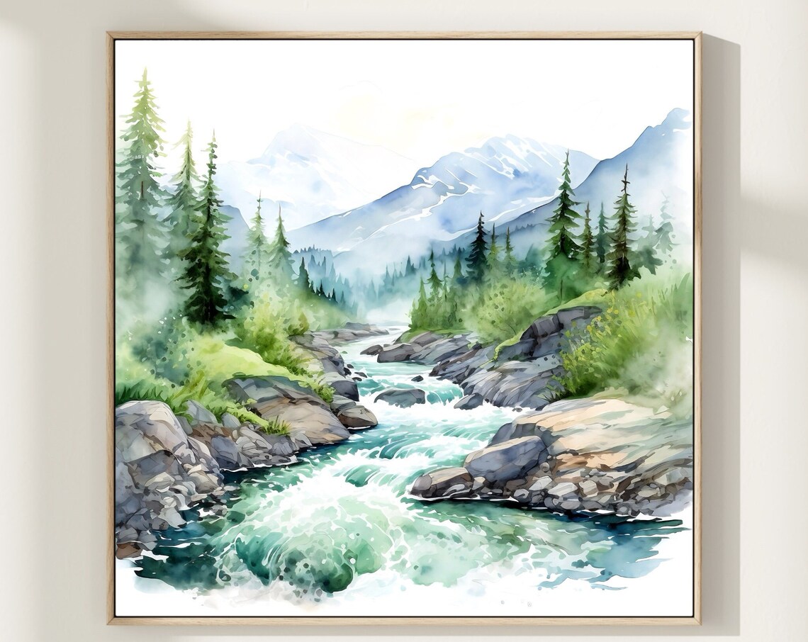 Alaska Mountain River Watercolor Landscape Art Print