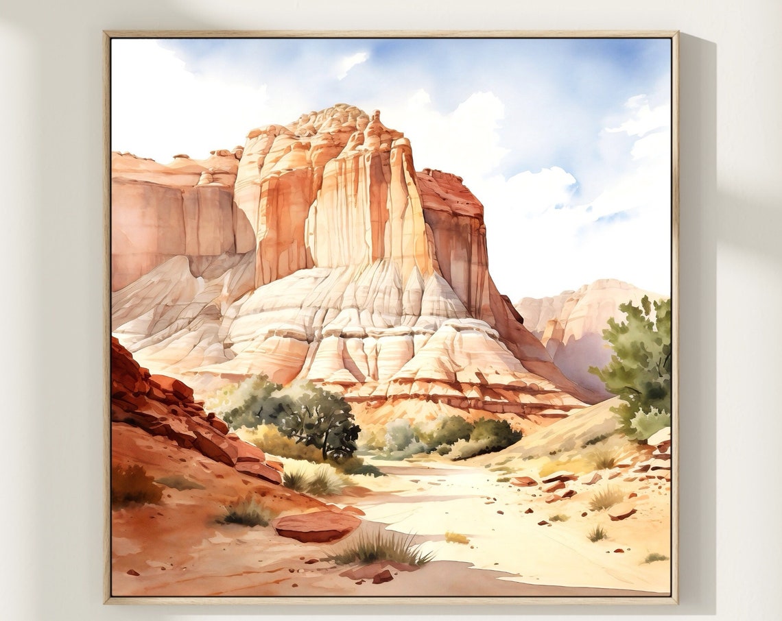 Red Rock Canyon Butte Watercolor with Desert Trail and Trees Poster