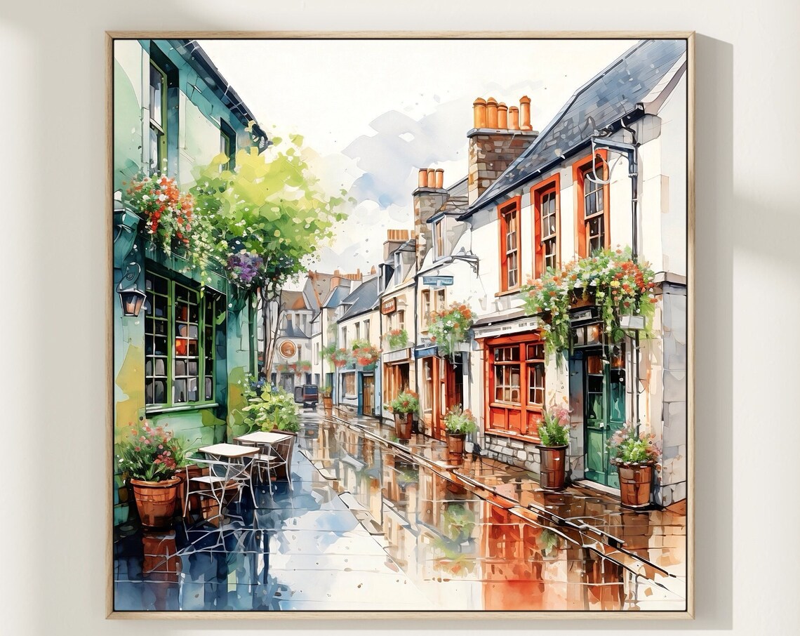 Westport Ireland Rainy Cobblestone Street Shops Watercolor Poster