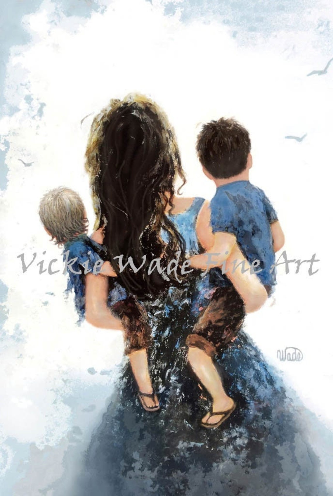 Brunette Mother Carrying Two Little Sons in Blue by the Shore Poster