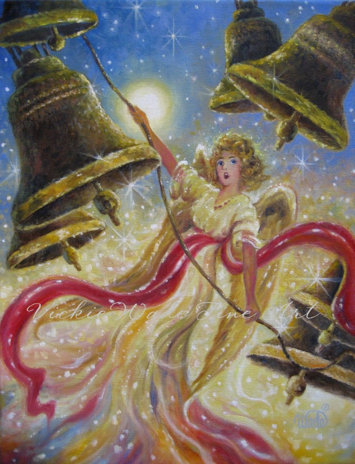 Christmas Angel Ringing Golden Church Bells Starry Night Poster