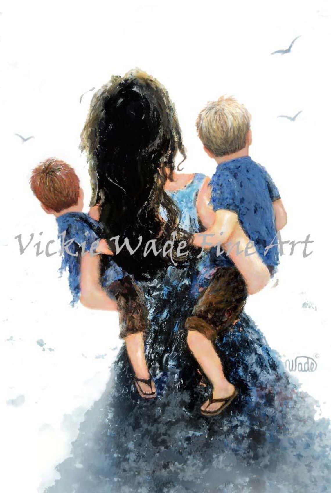 Mother and Two Sons Art Print, Blue Boys Room Decor