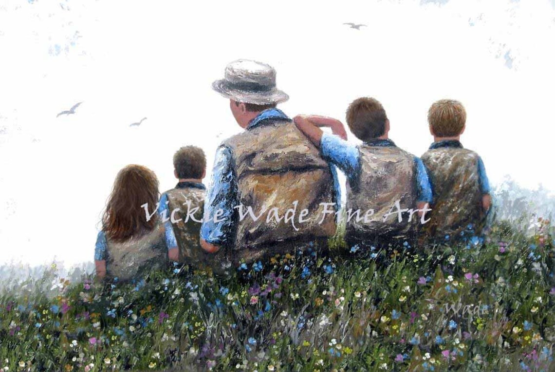 Father and Four Children Sitting in Wildflower Meadow Poster
