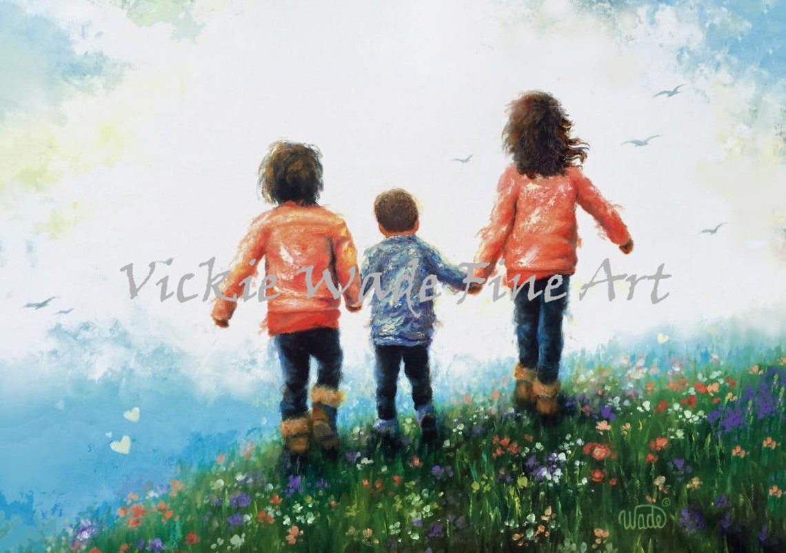 Three Children Holding Hands Walking Through a Flower Meadow Poster
