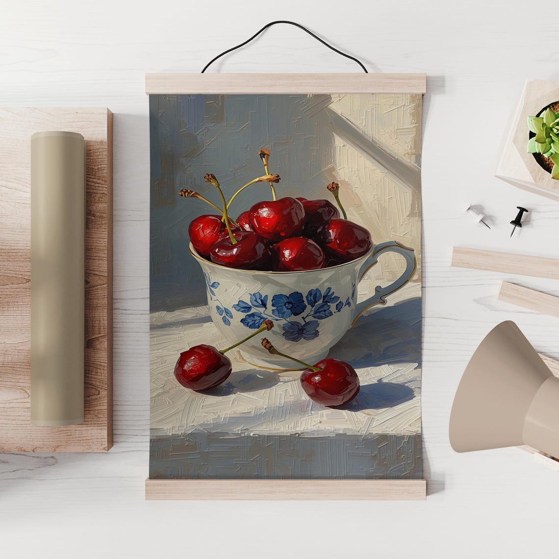 Cherry Still Life Oil Painting Teacup Classic Kitchen Wall Art
