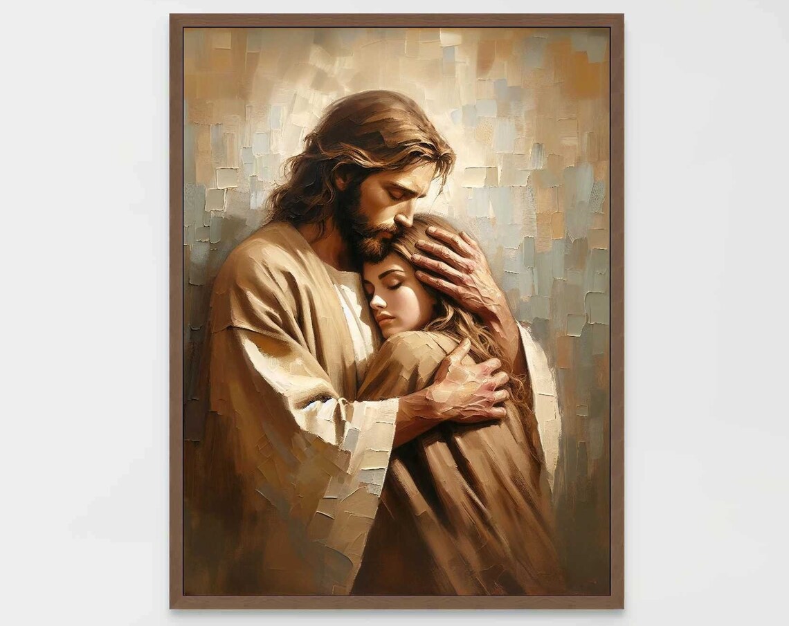 Love Him Jesus Hugging Woman Christian Art