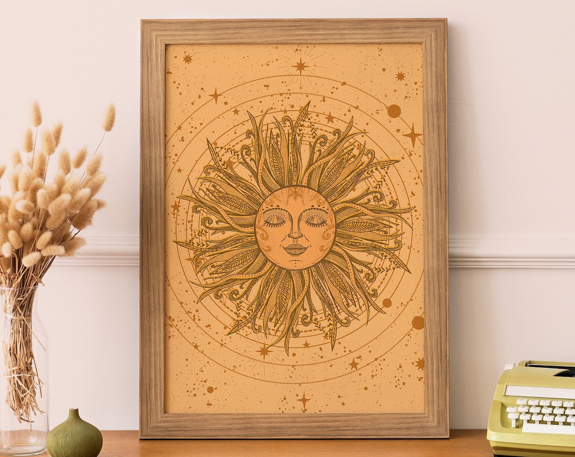 Vintage Celestial Sun Face Ornate Golden Rays Bohemian Wall Art