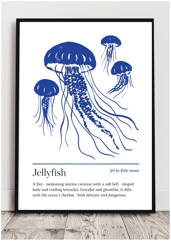 Blue Jellyfish Watercolor Art Print, Coastal Nautical
