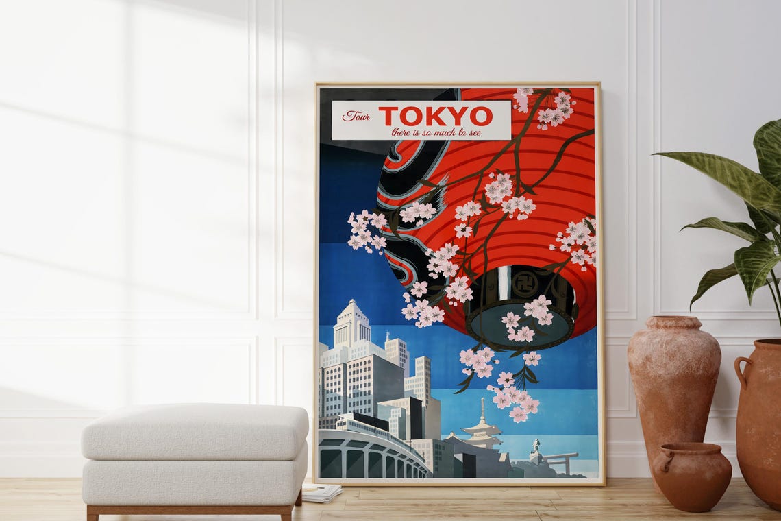 Tour Tokyo Red Lantern Cherry Blossom Vintage Japanese Travel Poster - Image 4