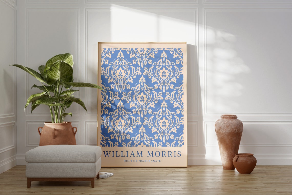 William Morris Fruit Pomegranate Blue Damask Textile Pattern Poster