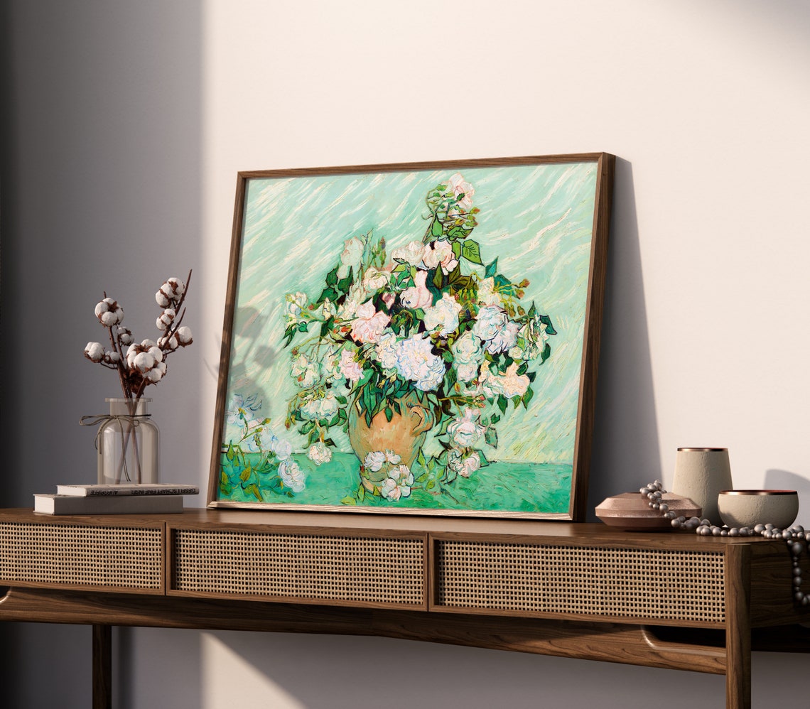 Van Gogh Roses White and Pink Blossoms Vase Impressionist Print - Image 2