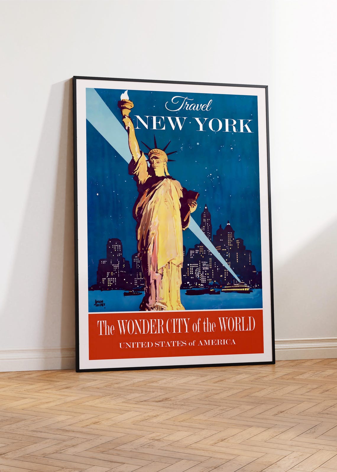 New York Statue Of Liberty Vintage Night Skyline Wonder City Print - Image 2