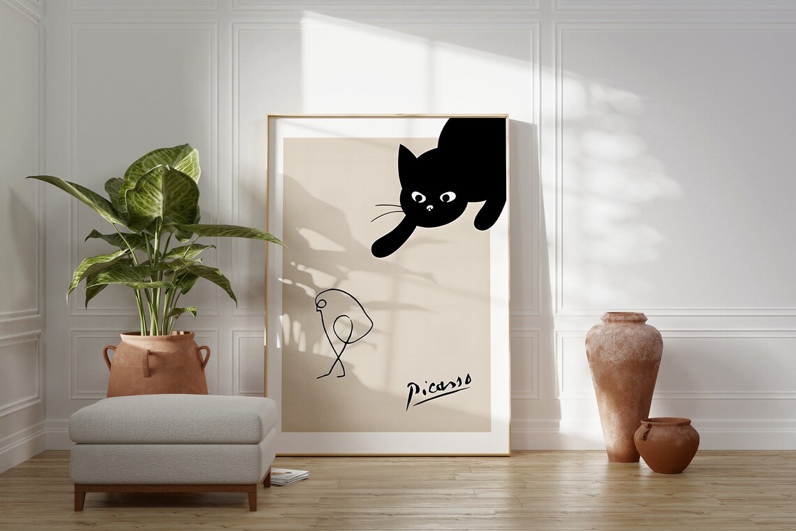 Picasso-Inspired Cat Chasing Bird, Minimalist Print - Image 2