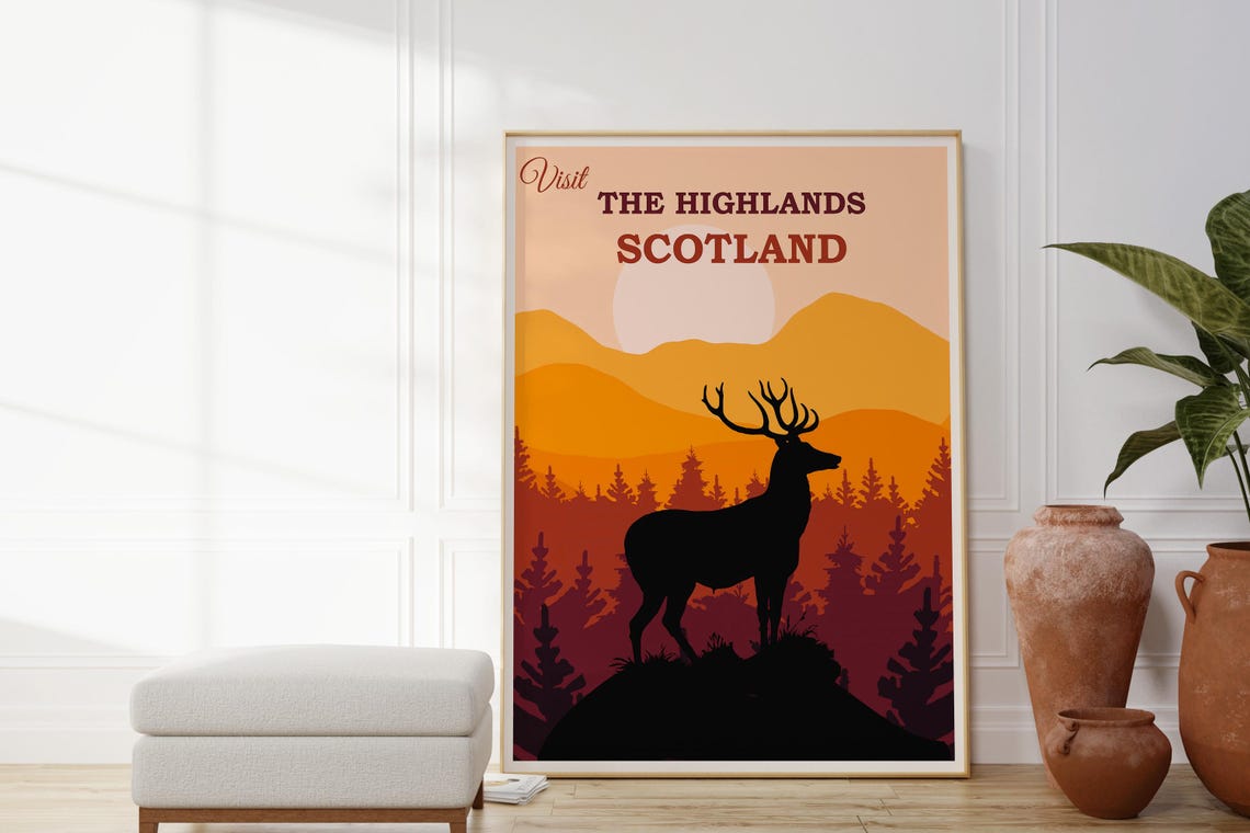Visit The Highlands Scotland Stag Sunset Mountain Landscape Poster - Image 4