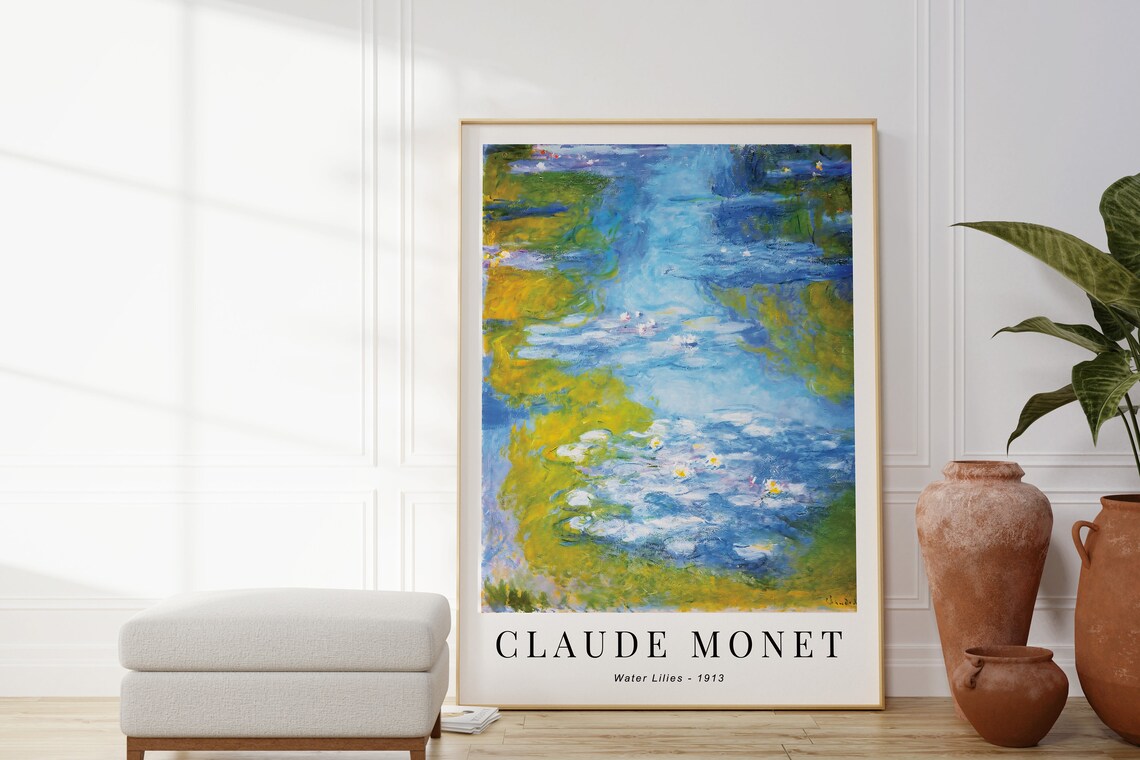 Claude Monet Water Lilies 1913 Vivid Blue Golden Reflections White Poster - Image 4