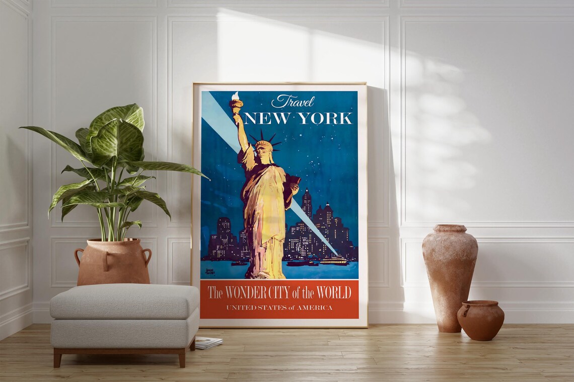 New York Statue Of Liberty Vintage Night Skyline Wonder City Print - Image 4